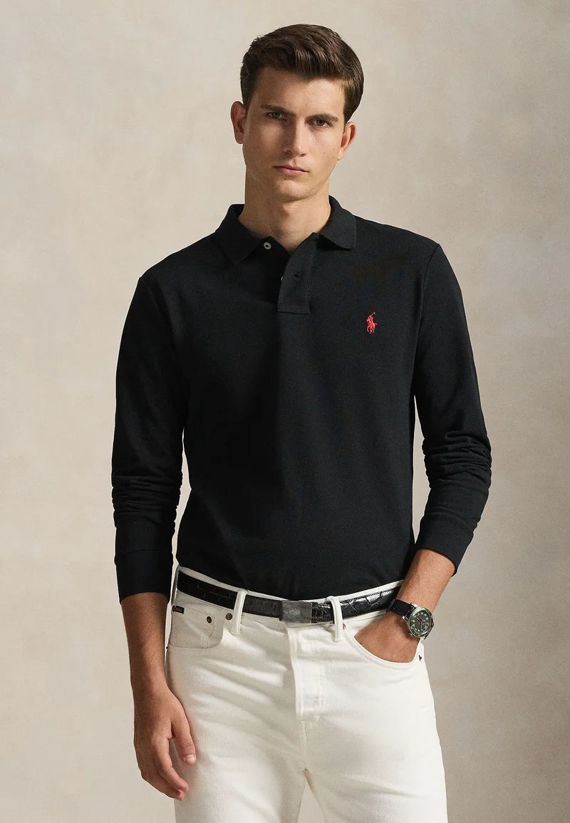 Polo Ralph Lauren Grey Custom Fit Logo-Embroidered Long-Sleeve Polo Shirt